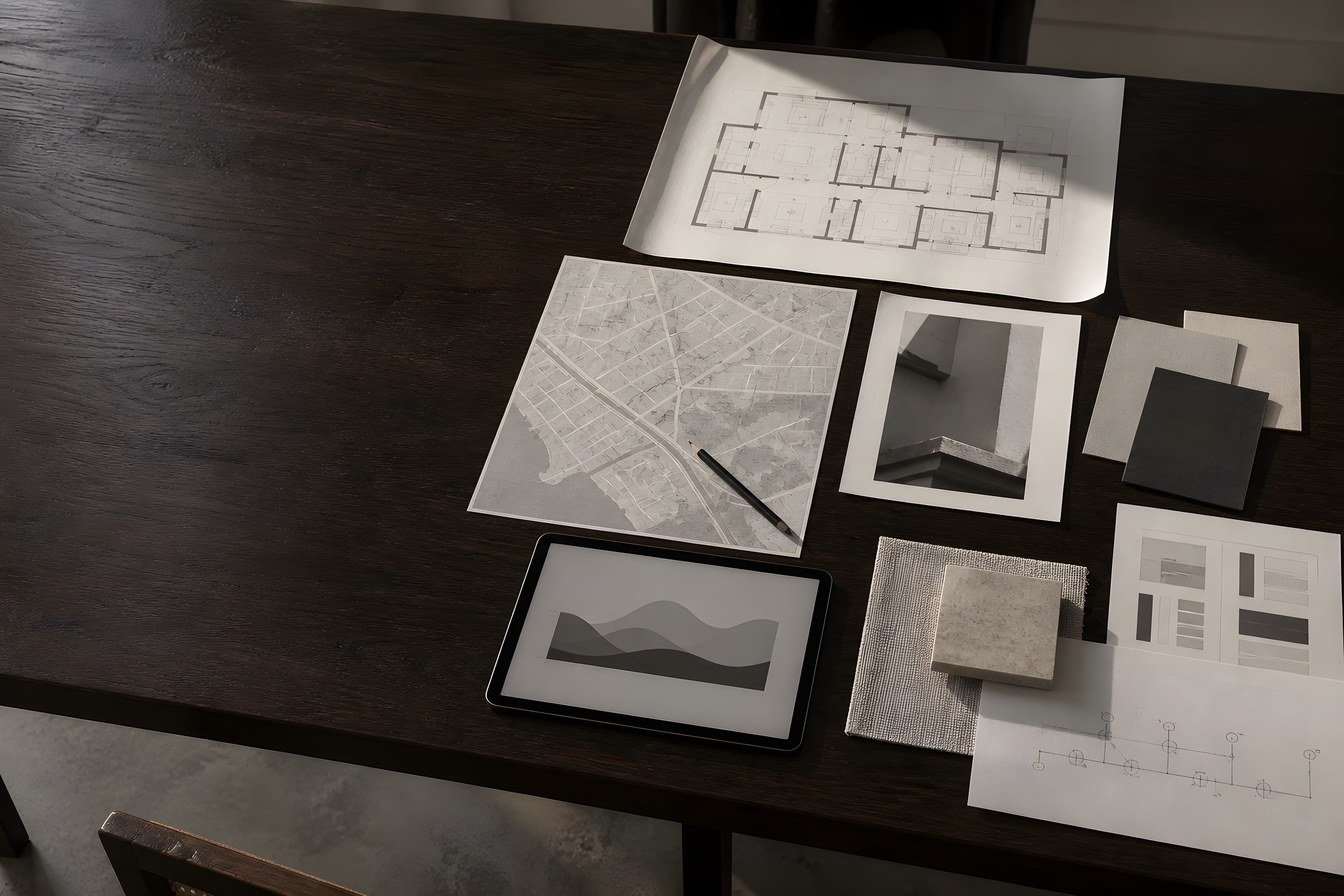 Campaign materials arranged on a dark oak worktable