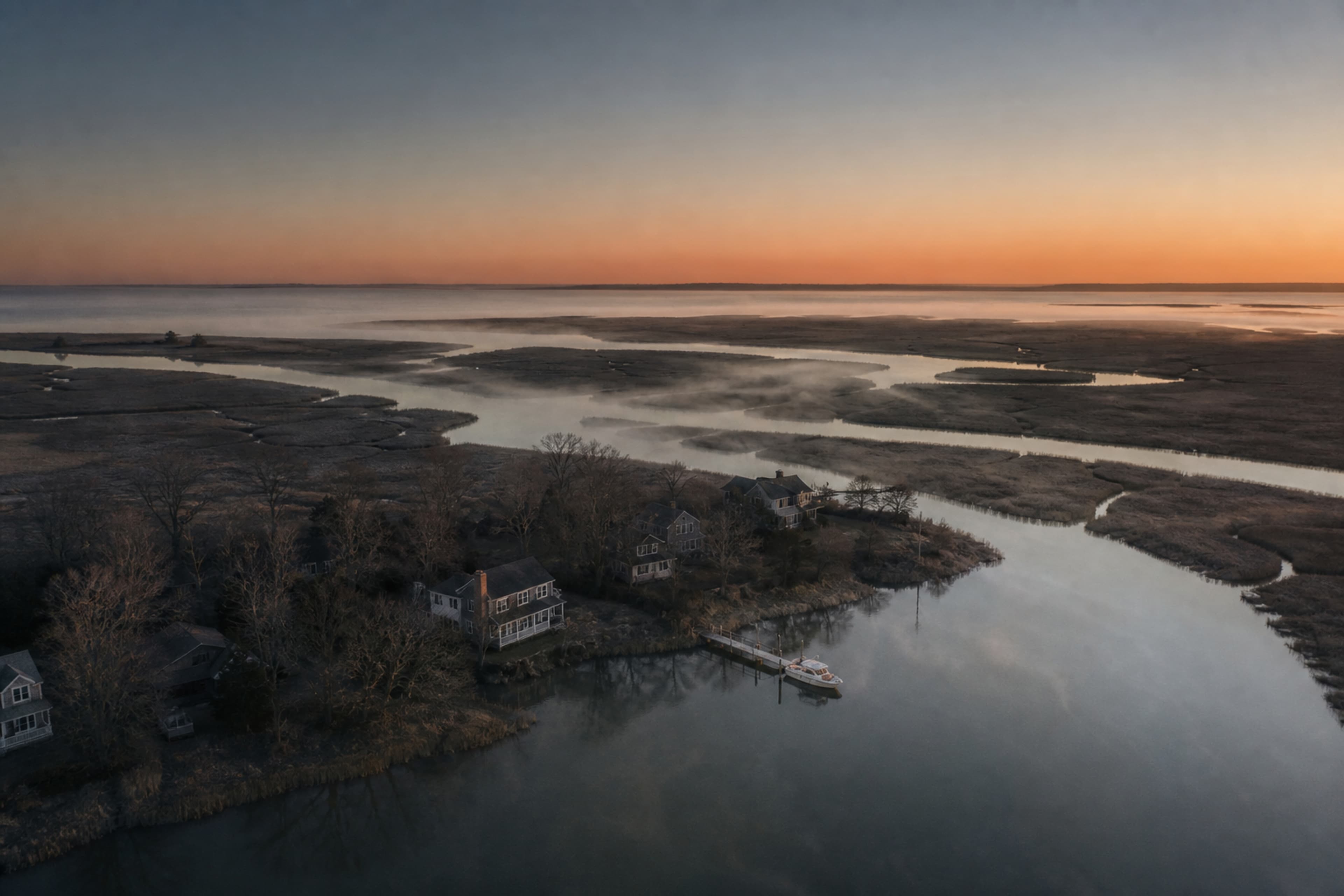 Aerial view of a flat Long Island South Shore salt marsh, tidal creeks, and waterfront homes at first light