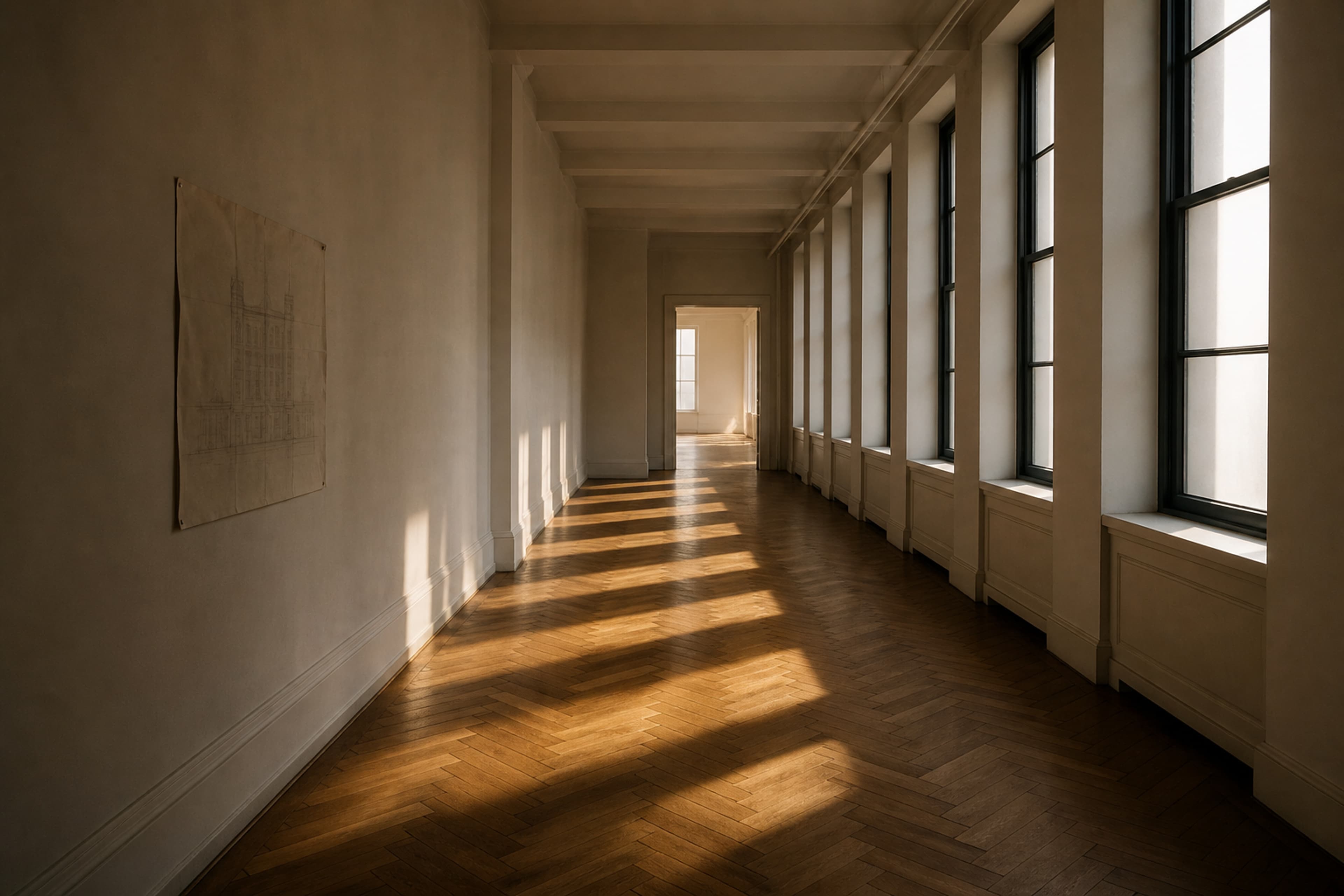 A bright prewar Manhattan office corridor with steel-framed windows and low sun across a herringbone floor