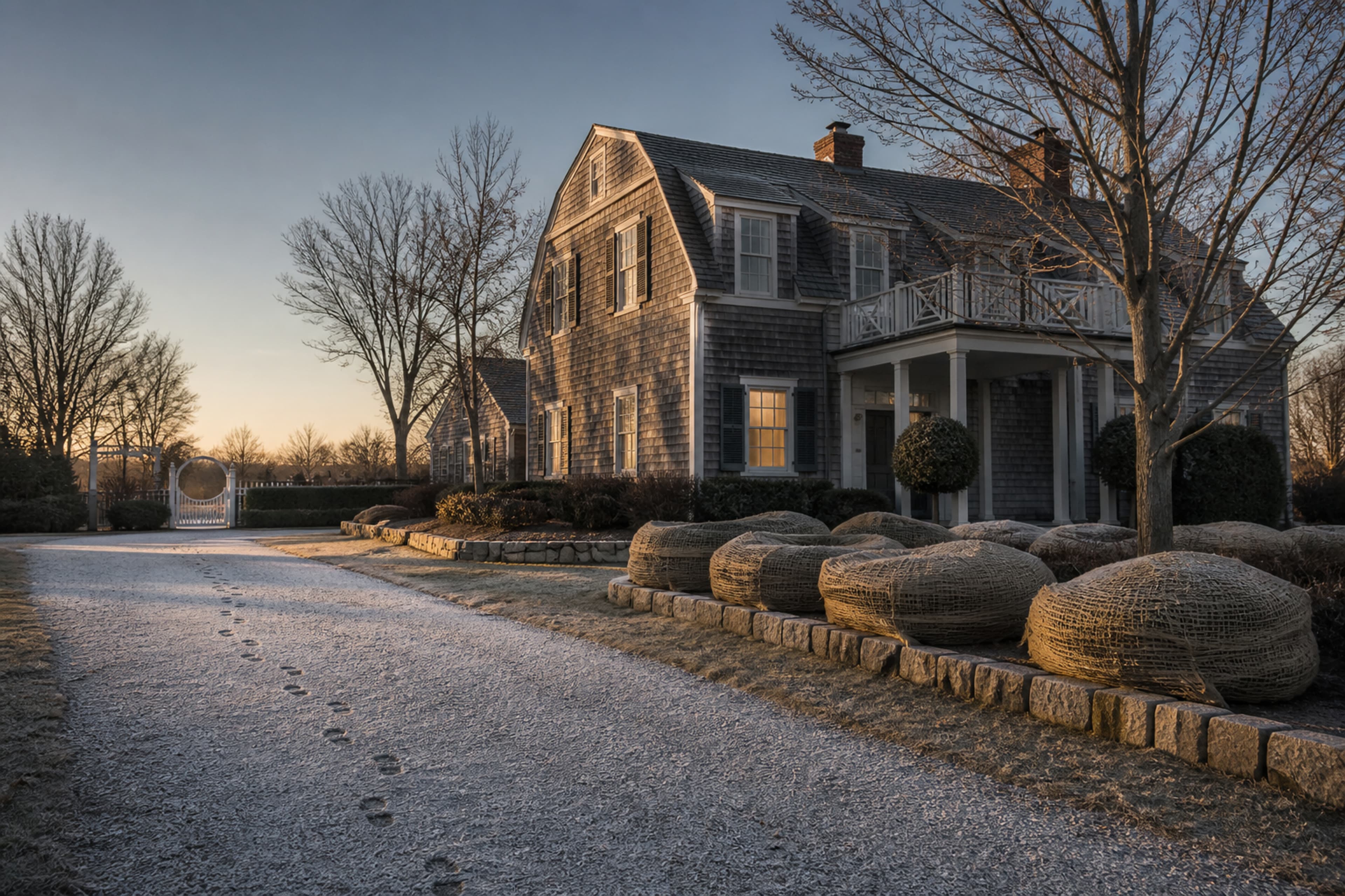 A shuttered Long Island shingle residence on a frosty winter morning, with a warm window and footprints across the drive