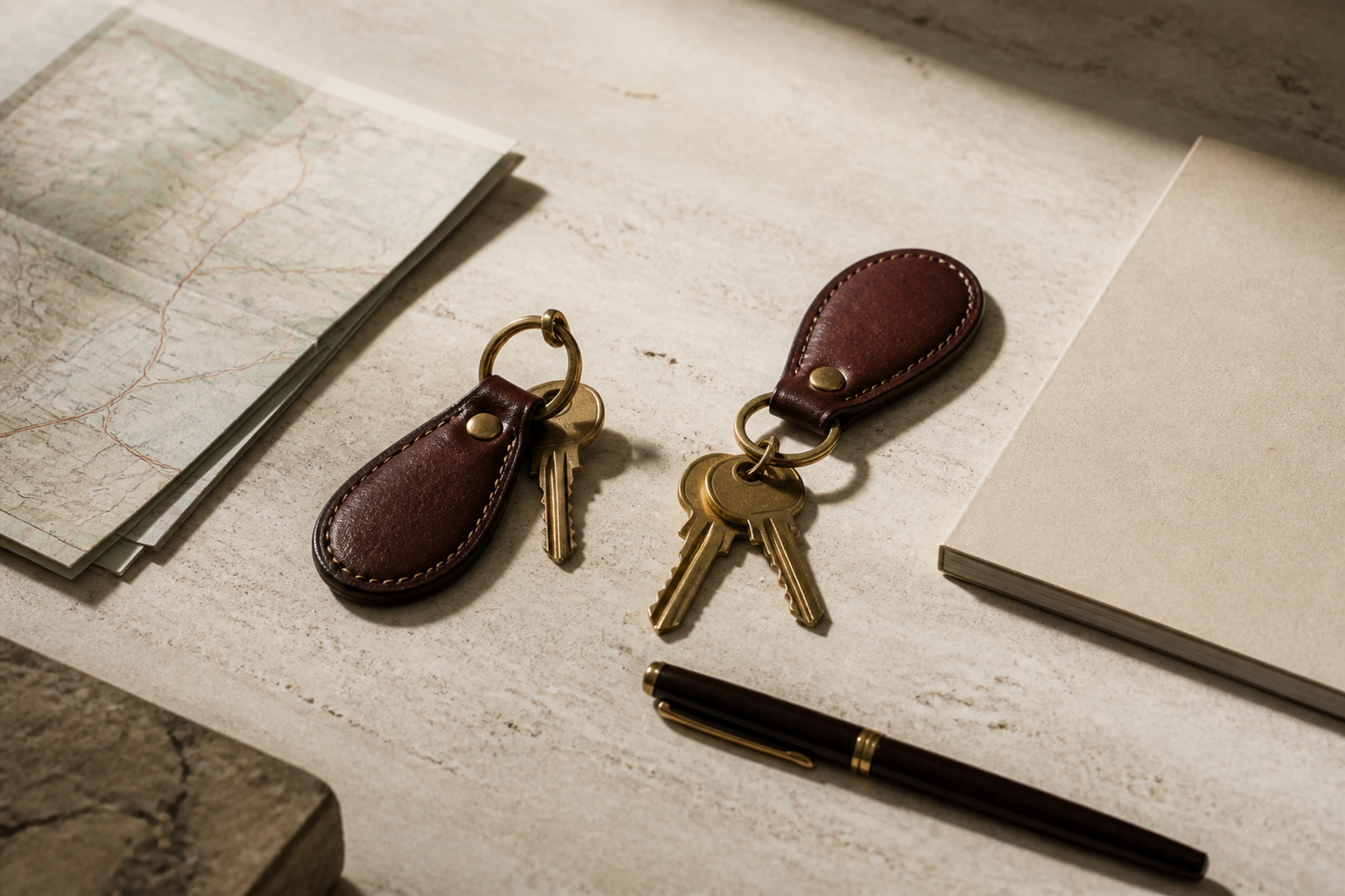 Two sets of keys on leather fobs beside a folded regional map and fountain pen on a limestone table