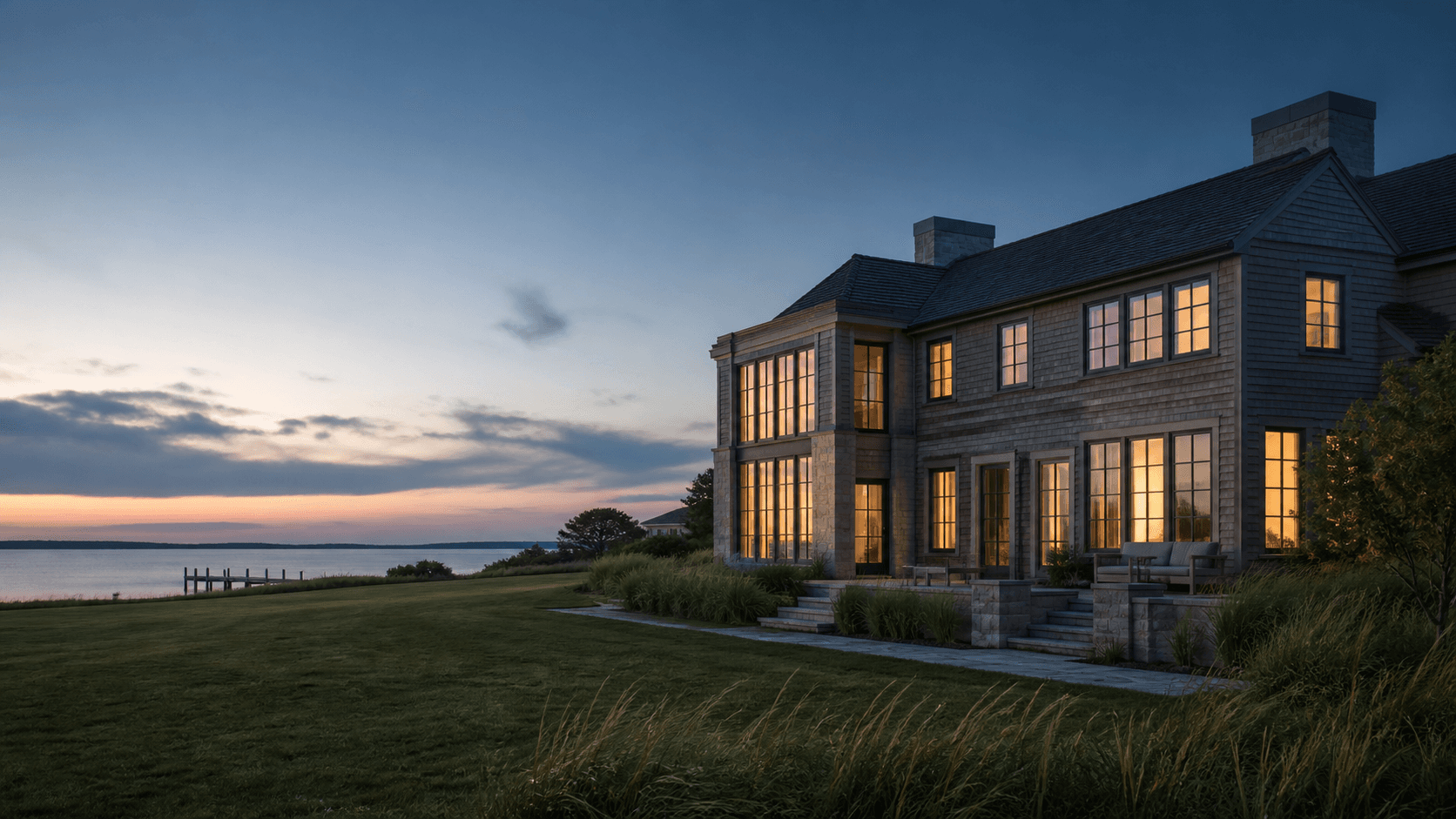 Conceptual South Shore waterfront estate at blue hour