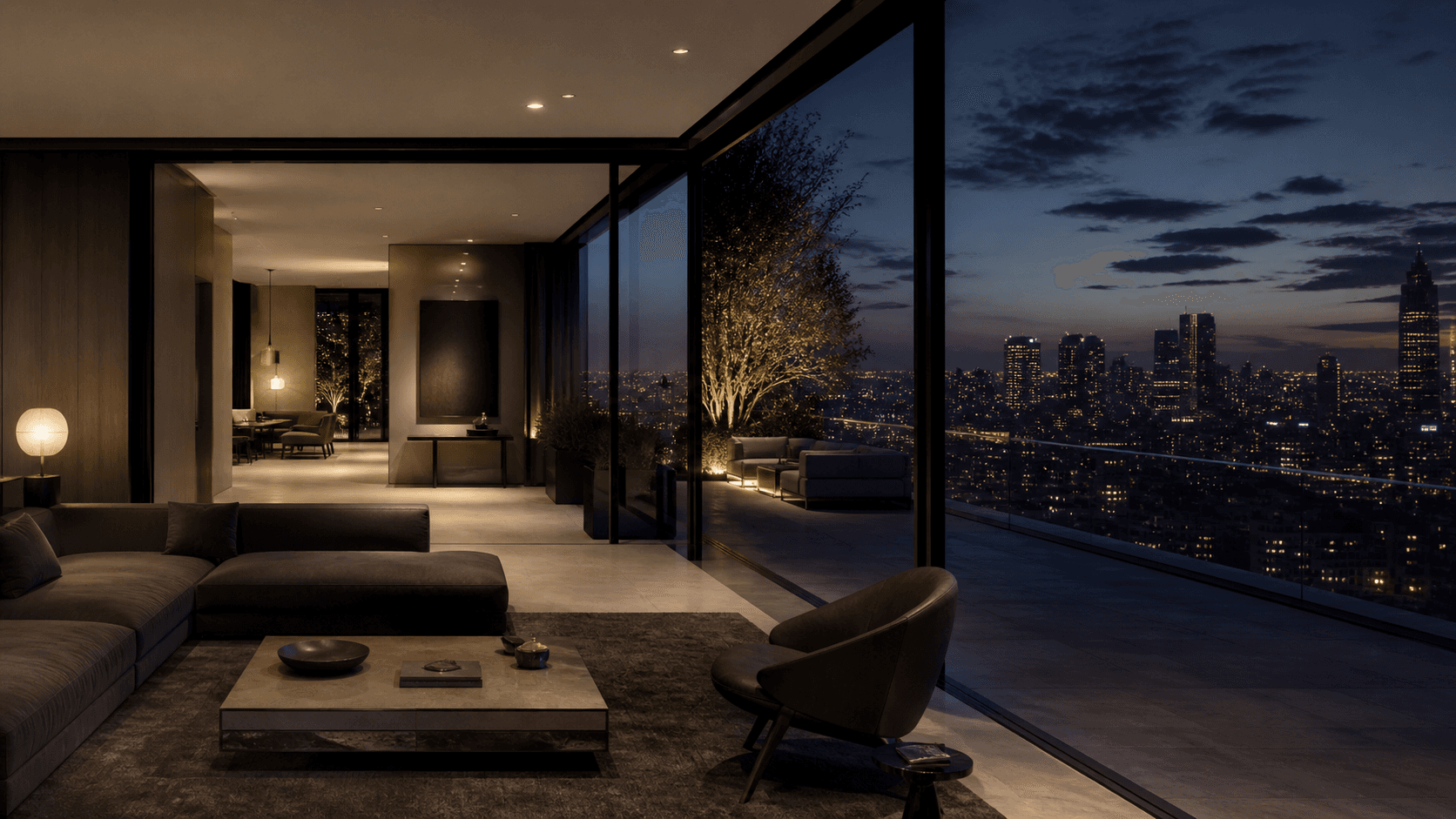 Conceptual Manhattan penthouse interior and terrace at blue hour