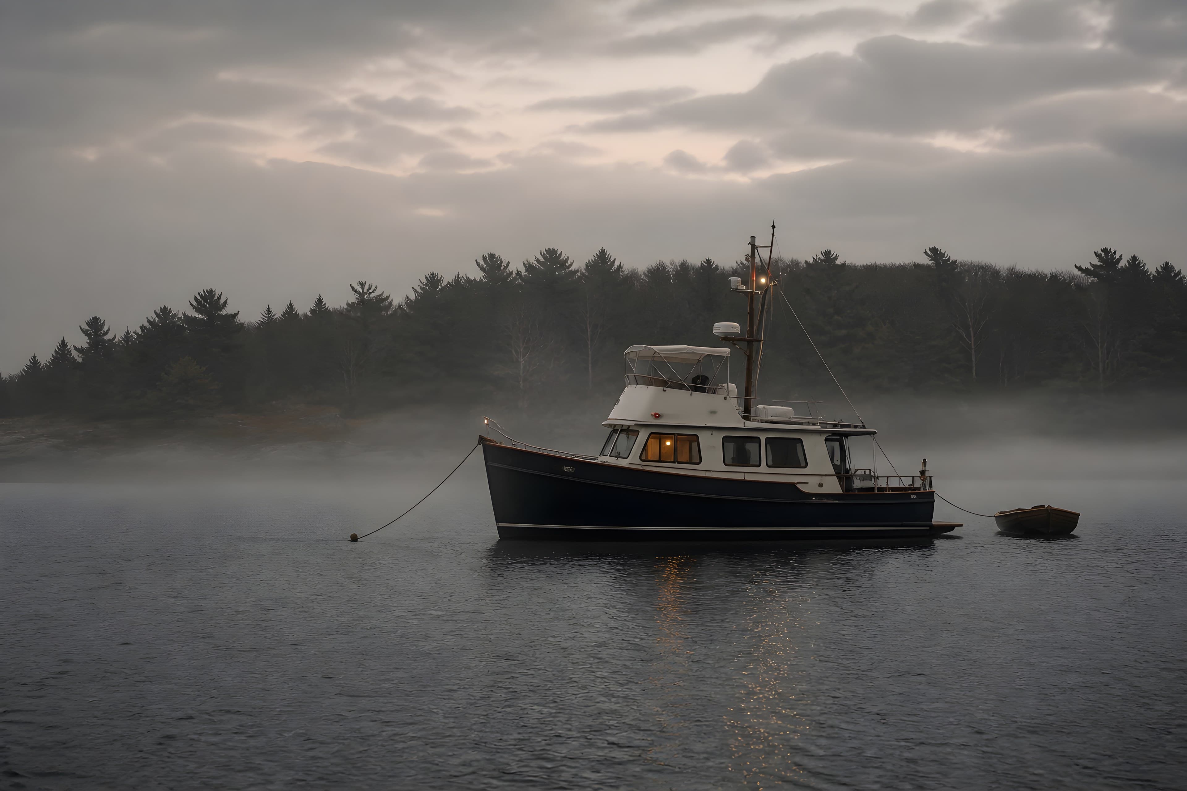 A moderate motor yacht at anchor in a calm Northeast anchorage