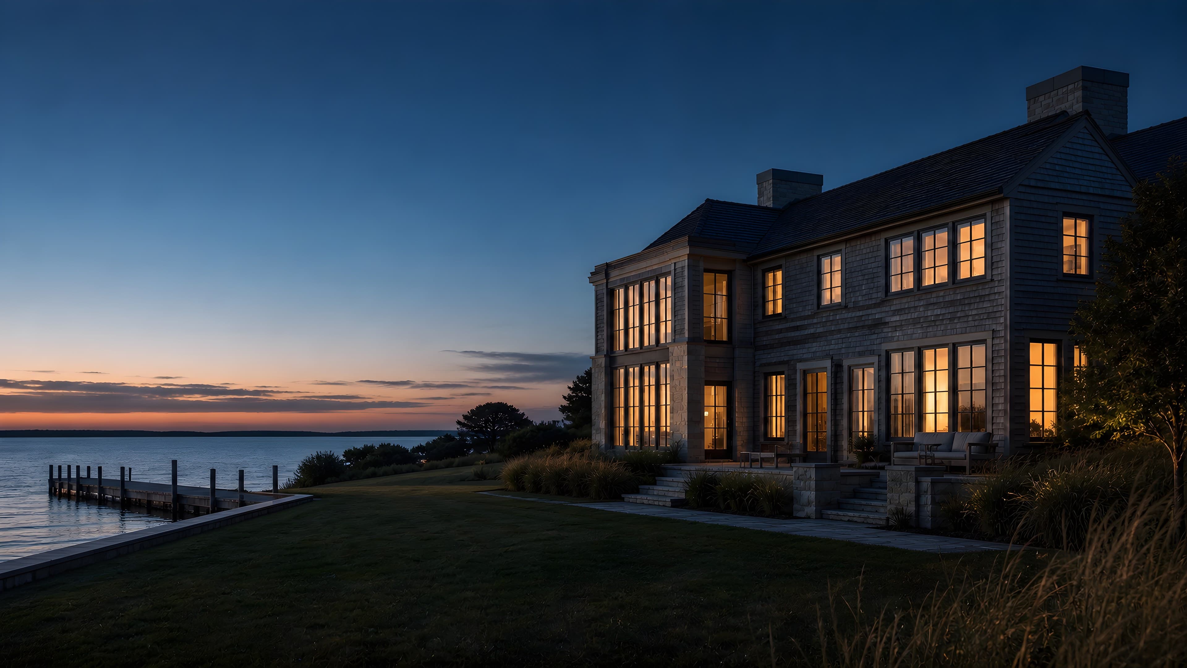 Conceptual South Shore waterfront estate at blue hour, its windows lit, the lawn running past a bulkhead to a timber dock on a calm bay